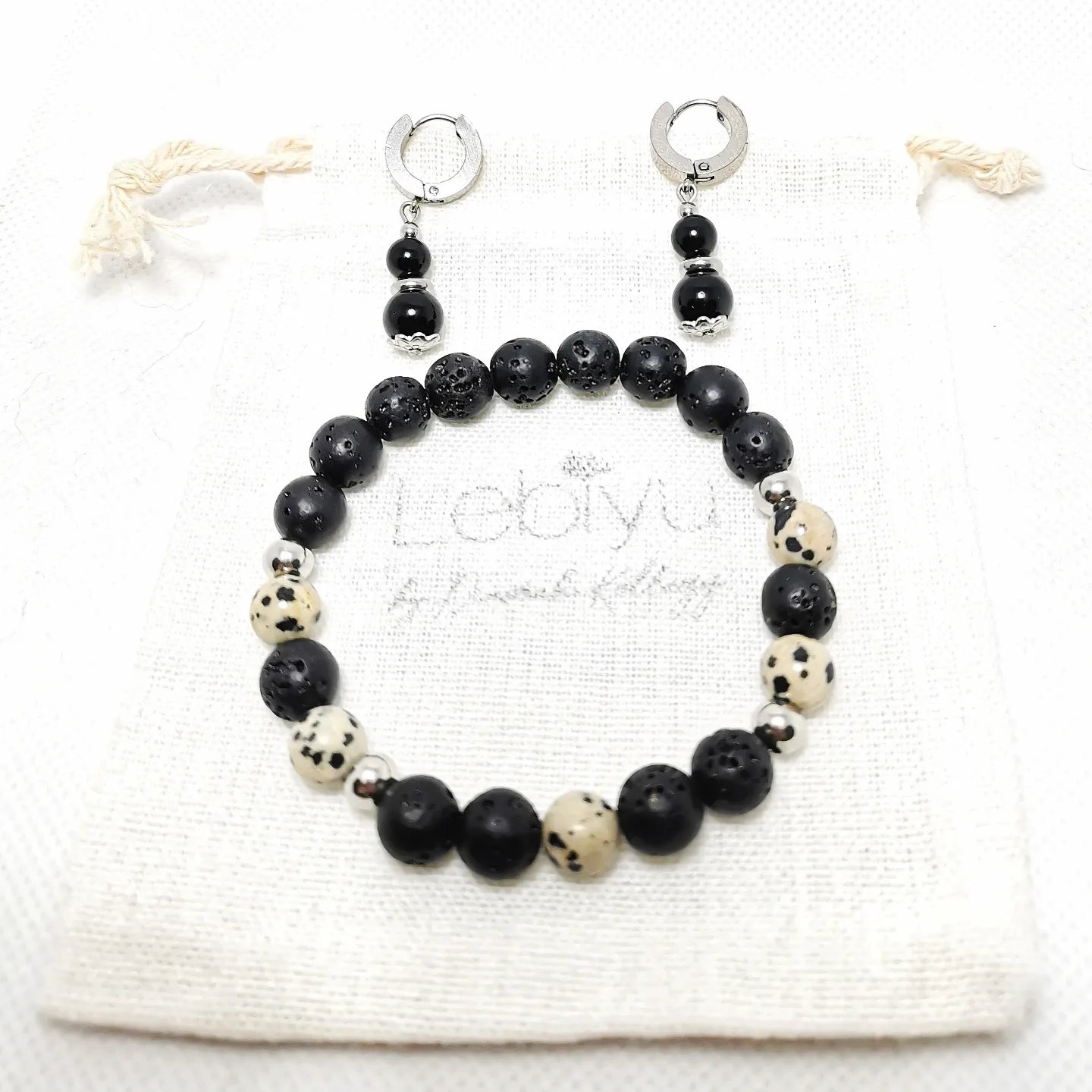 Dúo 2 pulsera y caravanas de piedra natural y acero. - Imagen 2